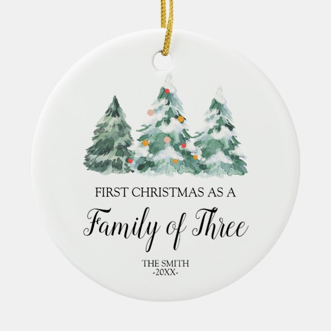 Ornamento De Cerâmica Aquarela Pinheiros Natal Família de três  (Frente)