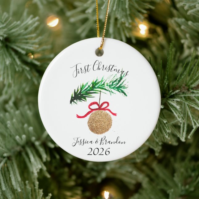 Ornamento De Cerâmica Aquarela Primeira Feliz de Árvore de Natal e brilh (Árvore)