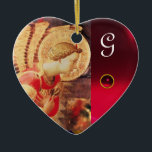 Ornamento De Cerâmica ARCHANGEL GABRIE Heart Gemstone Monograma<br><div class="desc">A última obra-prima medieval italiana de Fra Beato Angelico,  Anunciation Angel Detail Italy ,  elaborada com uma brilhante pedra vermelha rubi 3D.</div>