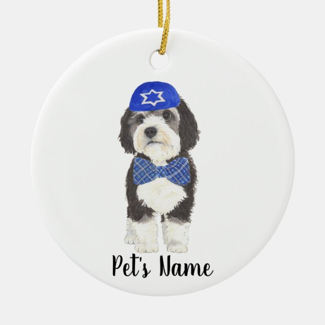 Ornamento De Cerâmica Arco Bernedoodle Blue Yarmulke Personalizado (Frente)