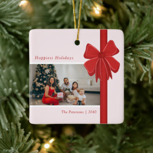Ornamento De Cerâmica Arco de Fita Vermelha Moderna Foto Natal