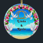 Ornamento De Cerâmica 🌊 Arco Floral de Praia com Nome Personalizado Orn<br><div class="desc">Capture o romance costeiro e o significado pessoal com este 🌊 Adorno de Oceano com Arco Floral de Praia com Nome Personalizado 🌸 apresentando uma cena de praia romântica e sonhadora enquadrada por um delicado arco floral. Personalizado com nomes personalizados, este elegante adorno de cerâmica traz amor, memórias e serenidade...</div>