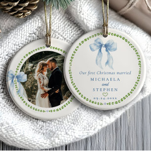Ornamento De Cerâmica Arco Grandmillennial Primeira Foto de Natal Casado