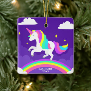 Ornamento De Cerâmica Arco-Íris Roxo Unicórnio Personalizado Ano Mágico