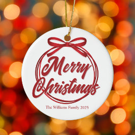Ornamento De Cerâmica Arco Red Ribbon com Script de Natal Feliz