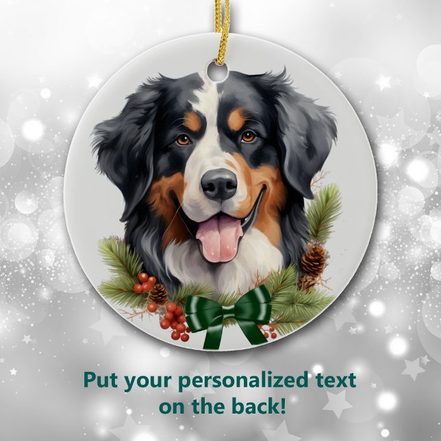 Ornamento De Cerâmica Arco Verde Holly Wreath Bernese Mountain Dog (Criador carregado)