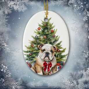 Ornamento De Cerâmica Arco Vermelho Adorável Bulldog Natal