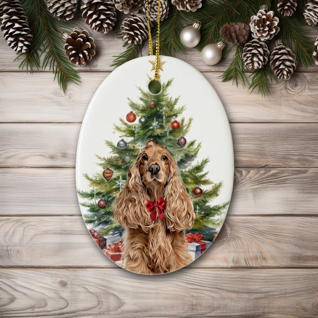 Ornamento De Cerâmica Arco Vermelho Buff Cocker Spaniel Natal (Criador carregado)