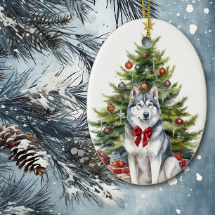 Ornamento De Cerâmica Arco Vermelho Siberian Husky Natal