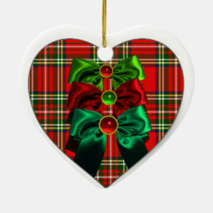 ORNAMENTO DE CERÂMICA ARCOS ESCOCÊS TARTAN E VERMELHO NATAL VERDE CORAÇÃ
