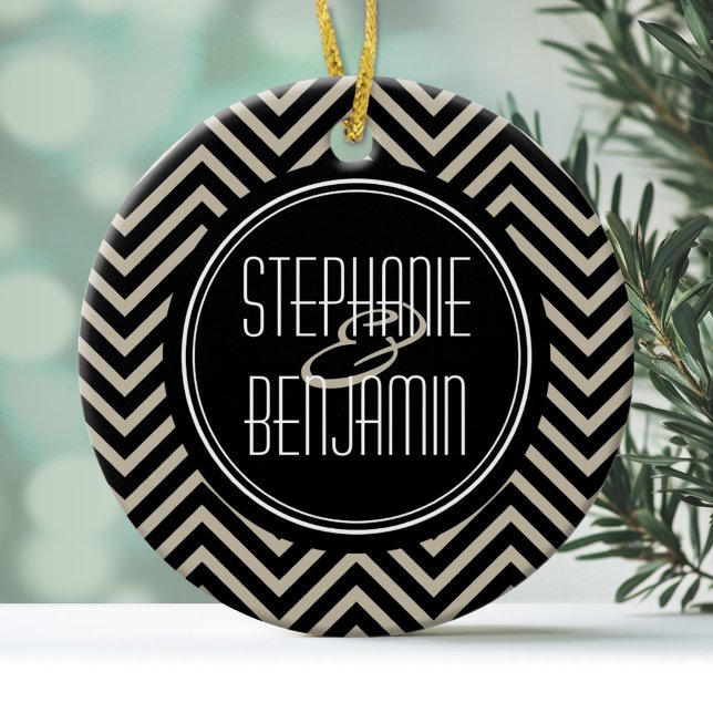 Ornamento De Cerâmica Art Deco Black and Beige Chevron Standard (Personalized Wedding Ornament - Black and Tan Art Deco)