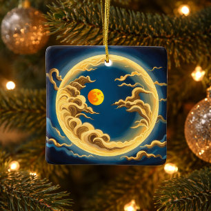Ornamento De Cerâmica "Art Deco, lua de Cheio inspirada no Japão e nuven