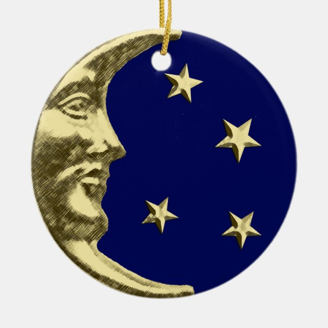 Ornamento De Cerâmica Art Deco Moon and Stars - Azul Marinho e Dourado (Frente)