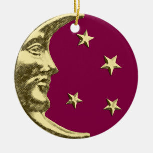 Ornamento De Cerâmica Art Deco Moon and Stars - Borgonha e Dourada