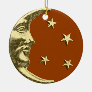 Ornamento De Cerâmica Art Deco Moon and Stars - Castanho e Dourado