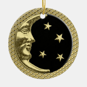 Ornamento De Cerâmica Art Deco Moon e Stars Black em Dourado fundo