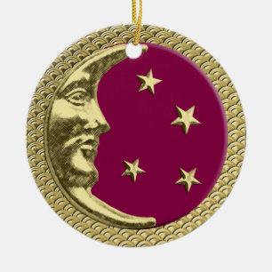 Ornamento De Cerâmica Art Deco Moon e Stars Borgonha e Dourado Fundo