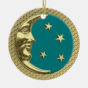 Ornamento De Cerâmica Art Deco Moon e Stars Teal num Dourado pano de fun