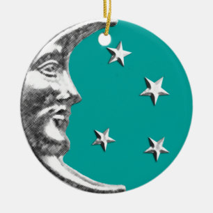 Ornamento De Cerâmica Art Deco Moon e Stars - Turquesa e Prata