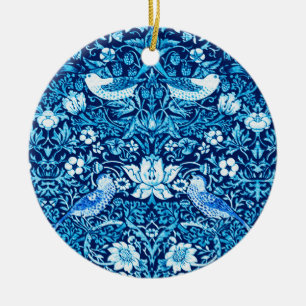 Ornamento De Cerâmica Art Nouveau Pássaro e Flor, Azul Escuro