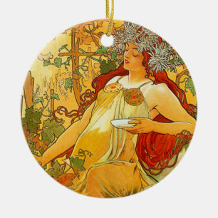 Ornamento De Cerâmica Arte Alphonse Mucha Outono Art Nouveau