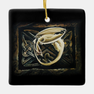 Ornamento De Cerâmica Arte Celta Fantasia Dragão Creme 