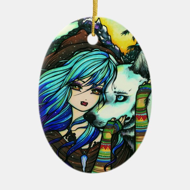 Ornamento De Cerâmica Arte da menina da neve do lobo do vampiro do (Frente)