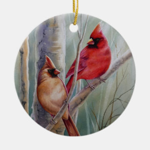 Ornamento De Cerâmica Arte de Aquarela com Par de Pássaro Cardinho Nort