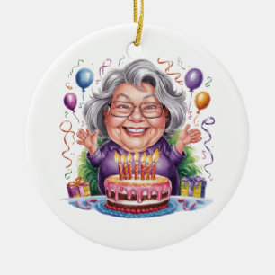 Ornamento De Cerâmica Arte de Bolo de Aniversário de Senhora Idosa Anima