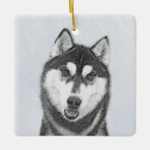 Ornamento De Cerâmica Arte de Cão Siberiana (Preto e Branco)