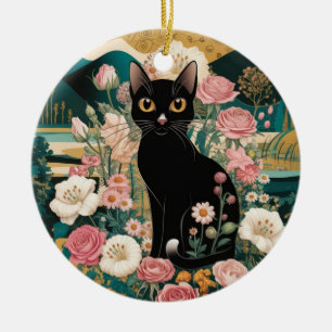 Ornamento De Cerâmica Arte de Gato Preto Decorativo Dourado no Estilo Gu