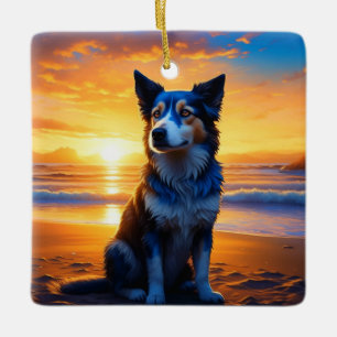 Ornamento De Cerâmica Arte de IA Cachorro sentado na Praia Natal
