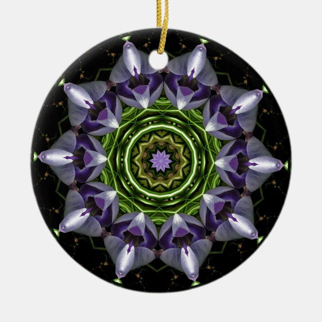 Ornamento De Cerâmica Arte de Mandala Floral Roxo em Caleidoscópio (Frente)