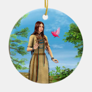 Ornamento De Cerâmica Arte de Mulher Indígena Americana Floresta Pássaro