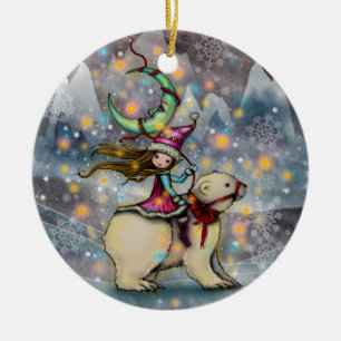 Ornamento De Cerâmica Arte de Natal de Elfo Montado em Urso Polar