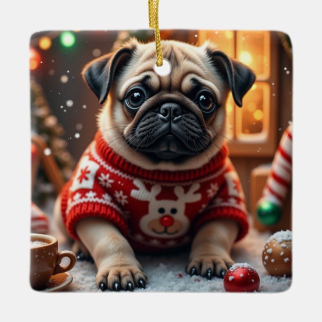 Ornamento De Cerâmica Arte de Natal Pug (Frente)