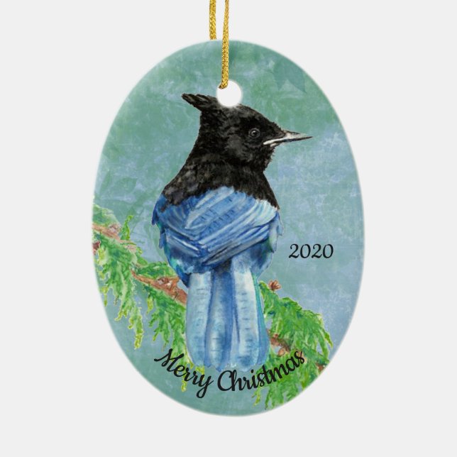Ornamento De Cerâmica Arte De Pássaro Stellar Jay Datado Personalizada (Verso)