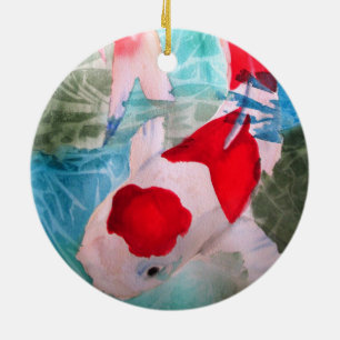 Ornamento De Cerâmica Arte de peixe aquarela japonesa Kohaku Koi 2