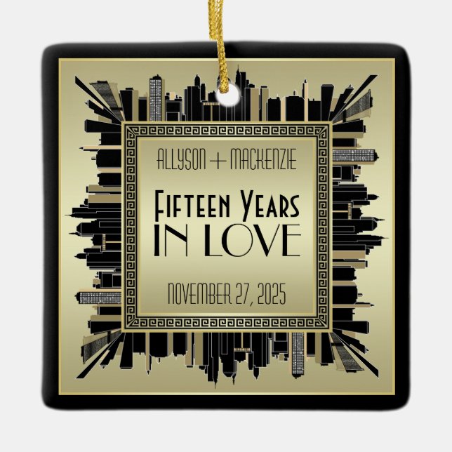 Ornamento De Cerâmica Arte Deco Casamento Aniversário Champanhe Dourado  (Frente)