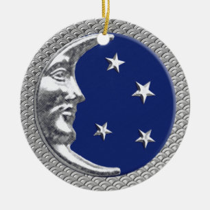 Ornamento De Cerâmica Arte Deco Lua e Estrelas em Azul Cobalto e Prata