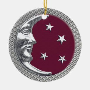 Ornamento De Cerâmica Arte Deco Lua e Estrelas no Vinho Vermelho e Prata