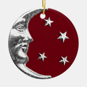 Ornamento De Cerâmica Arte Deco Lua e Estrelas - Vermelho Escuro e Prata