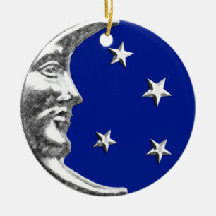 Ornamento De Cerâmica Arte Deco Moon e Estrelas - Azul Cobalto e Prata