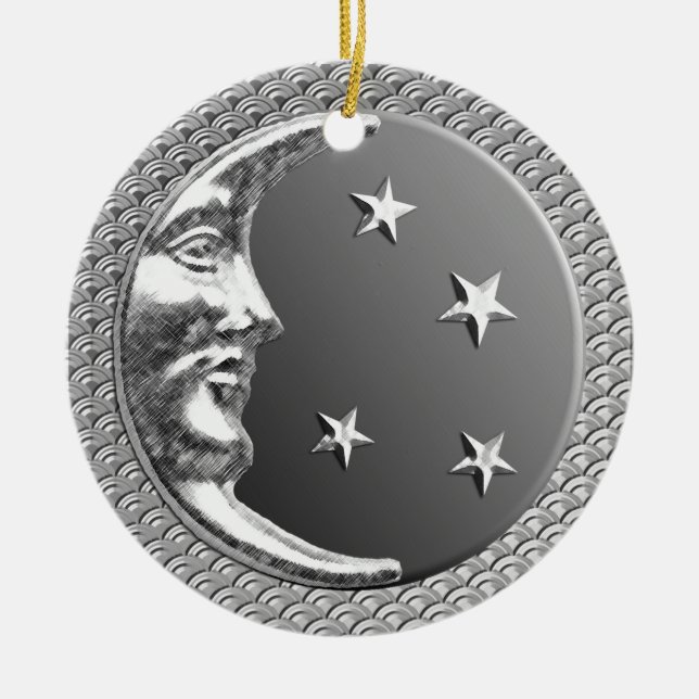 Ornamento De Cerâmica Arte Deco Moon e Estrelas em Hematite e Prata (Frente)