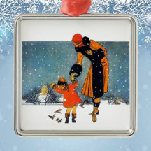 Arte Deco Vintage de Inverno Mãe e Filho na Neve
