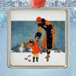 Ornamento De Cerâmica Arte Deco Vintage de Inverno Mãe e Filho na Neve 