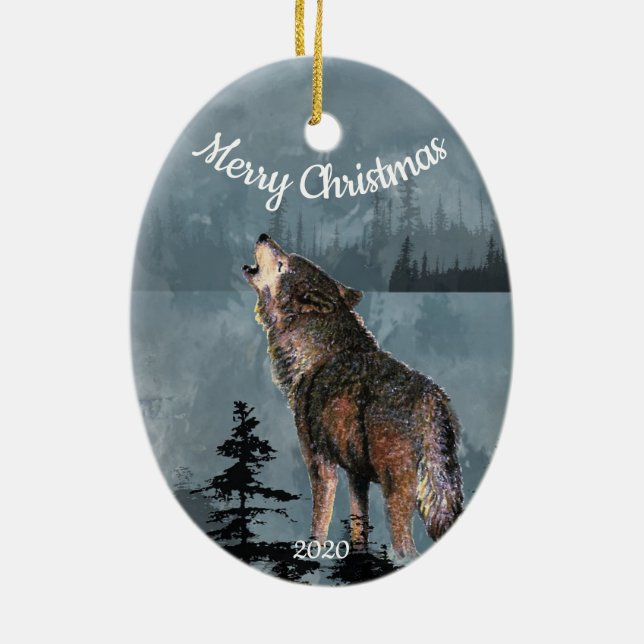 Ornamento De Cerâmica Arte em Aquarela de Wolf, Habitação e Natal Person (Verso)