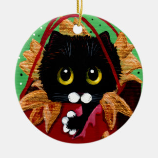 Ornamento De Cerâmica Arte engraçada de Natal de gato preto Creationarts