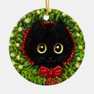 Ornamento De Cerâmica Arte engraçada de Natal de gato preto Creationarts