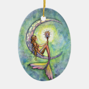 Ornamento De Cerâmica Arte Fantasia de Sereia e a Lua